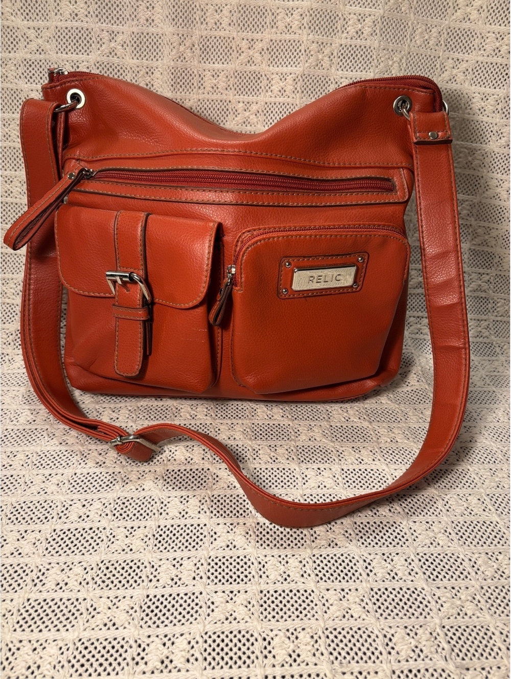 Relic Orange Vegan Leather Crossbody Shoulder Bag with Multiple Pockets